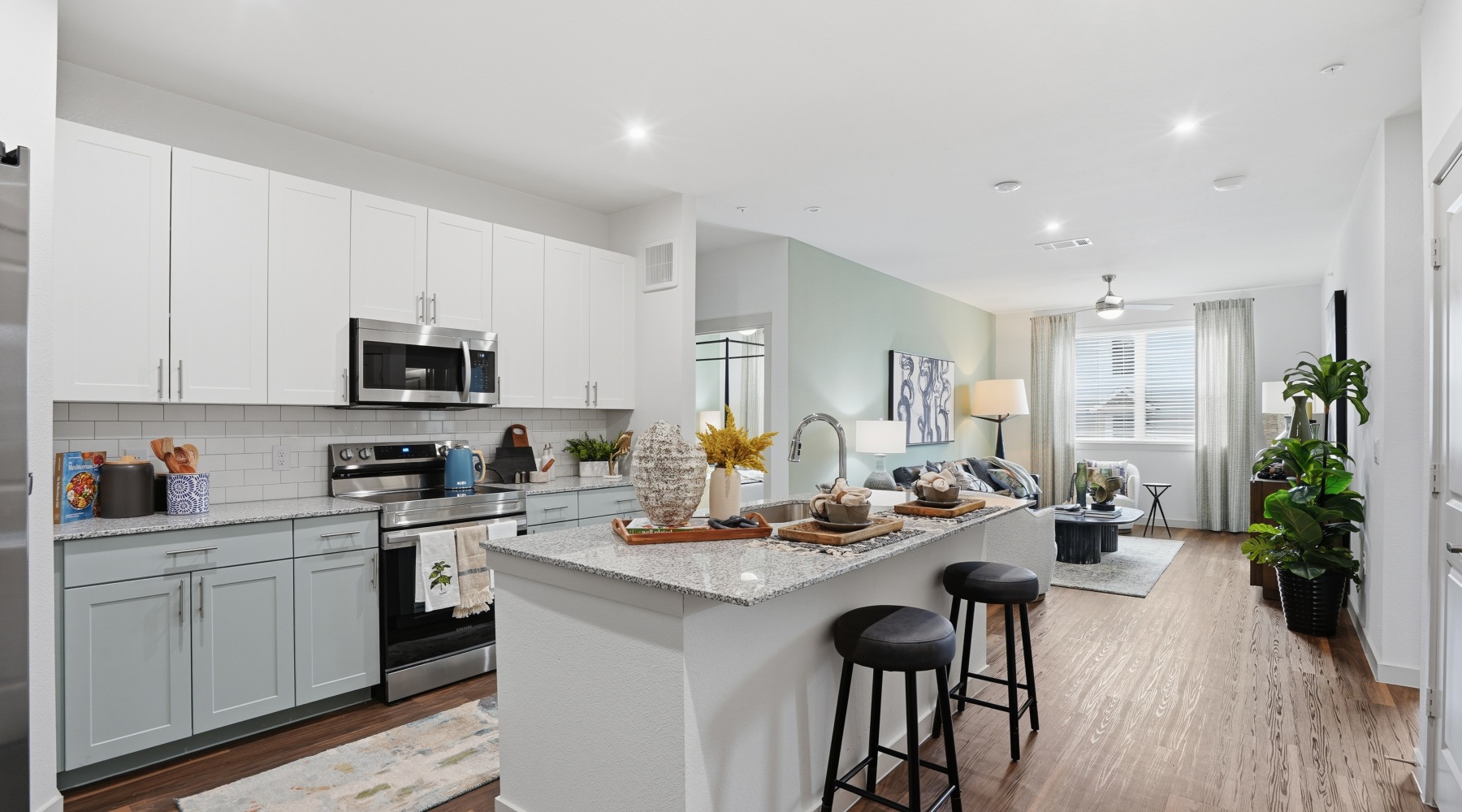 island, dishwasher, built-in shelving, wood floors