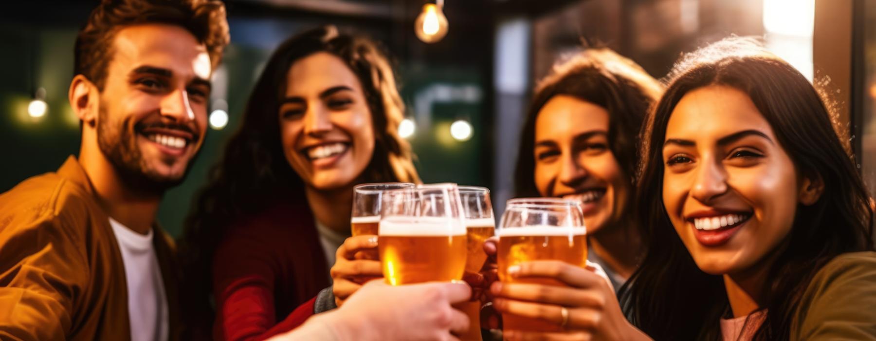 a group of people holding glasses of beer